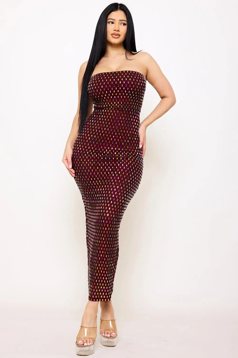 Rhinestone Maxi Dress | Power Mesh Tube Top Gown With Slit BOUTINIE