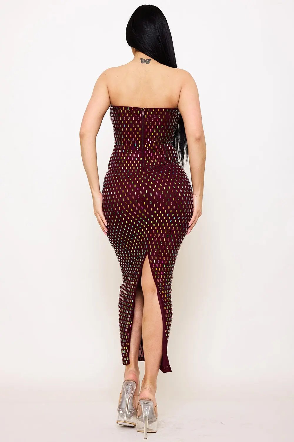 Rhinestone Maxi Dress | Power Mesh Tube Top Gown With Slit BOUTINIE