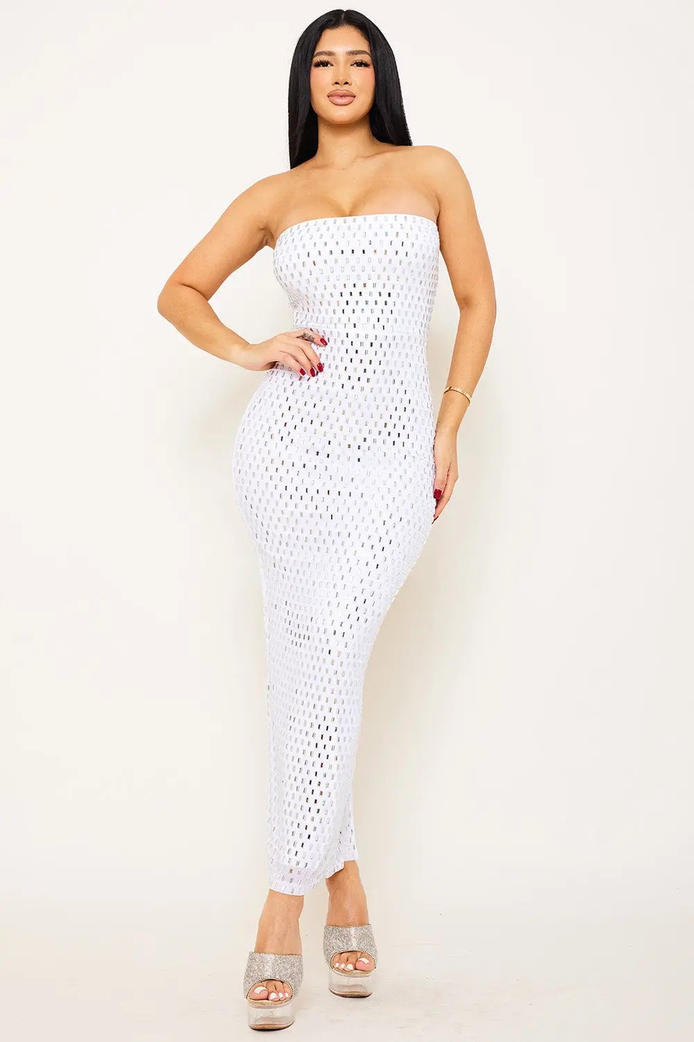 Rhinestone Maxi Dress | Power Mesh Tube Top Gown With Slit BOUTINIE