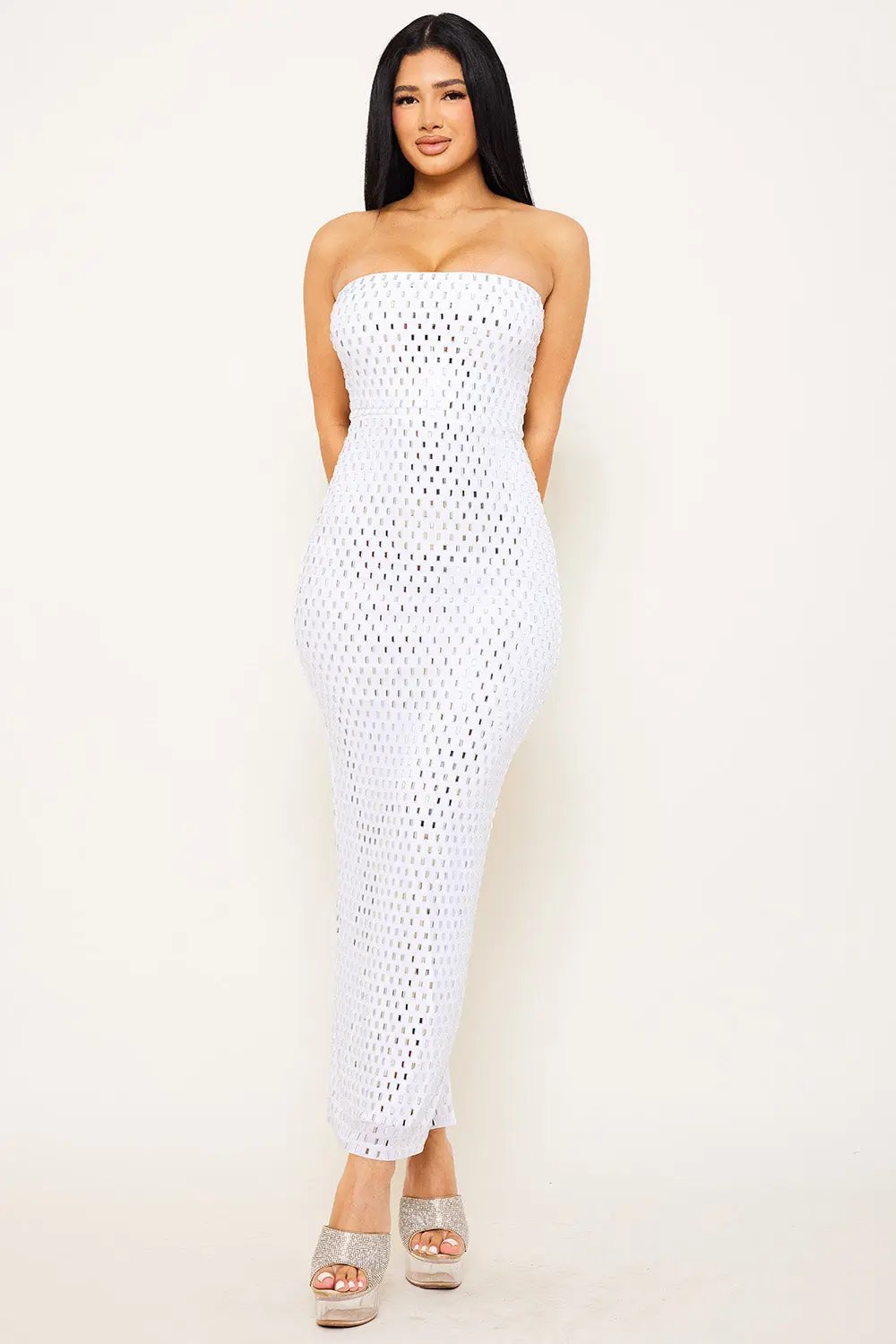 Rhinestone Maxi Dress | Power Mesh Tube Top Gown With Slit BOUTINIE
