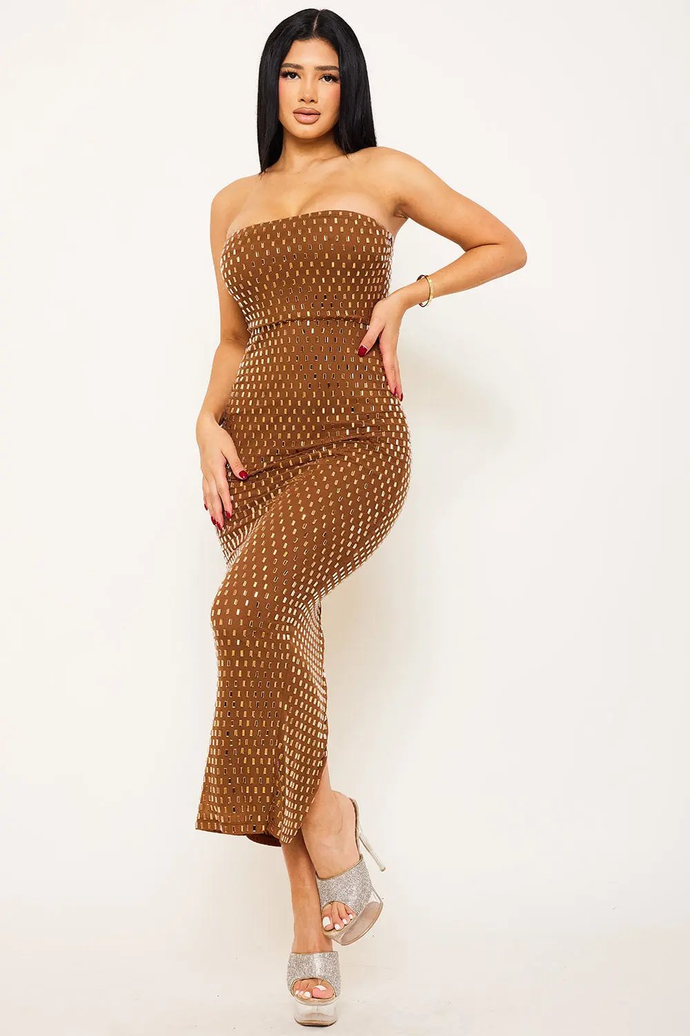 Rhinestone Maxi Dress | Power Mesh Tube Top Gown With Slit BOUTINIE