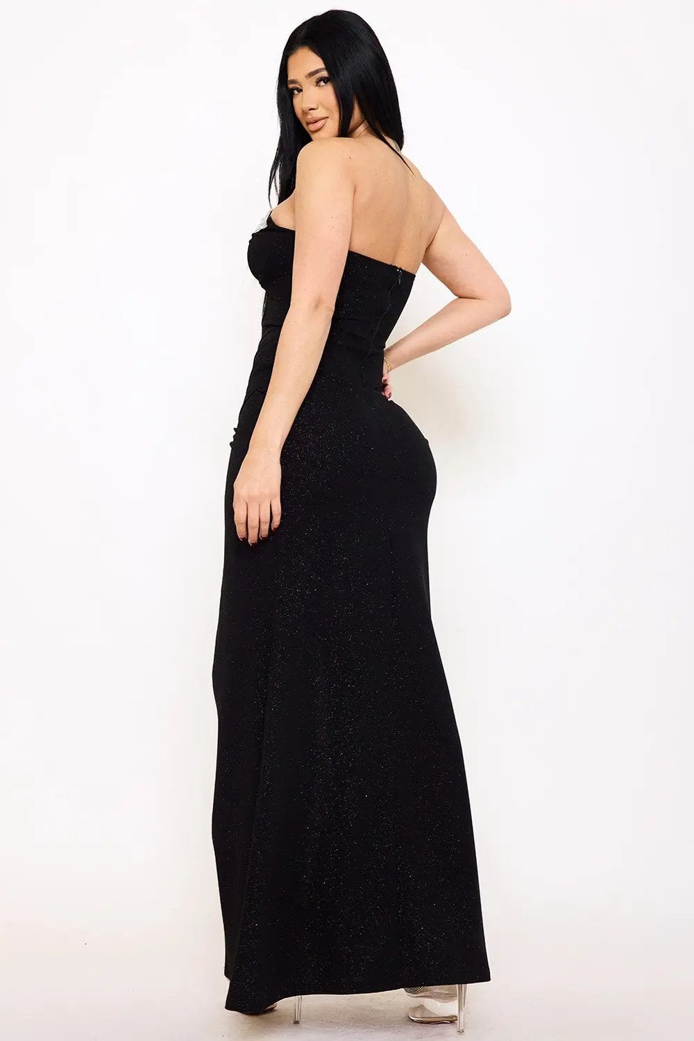 Glittered Maxi Dress With Rhinestone Trim - Structured Boning Evening Gown BOUTINIE