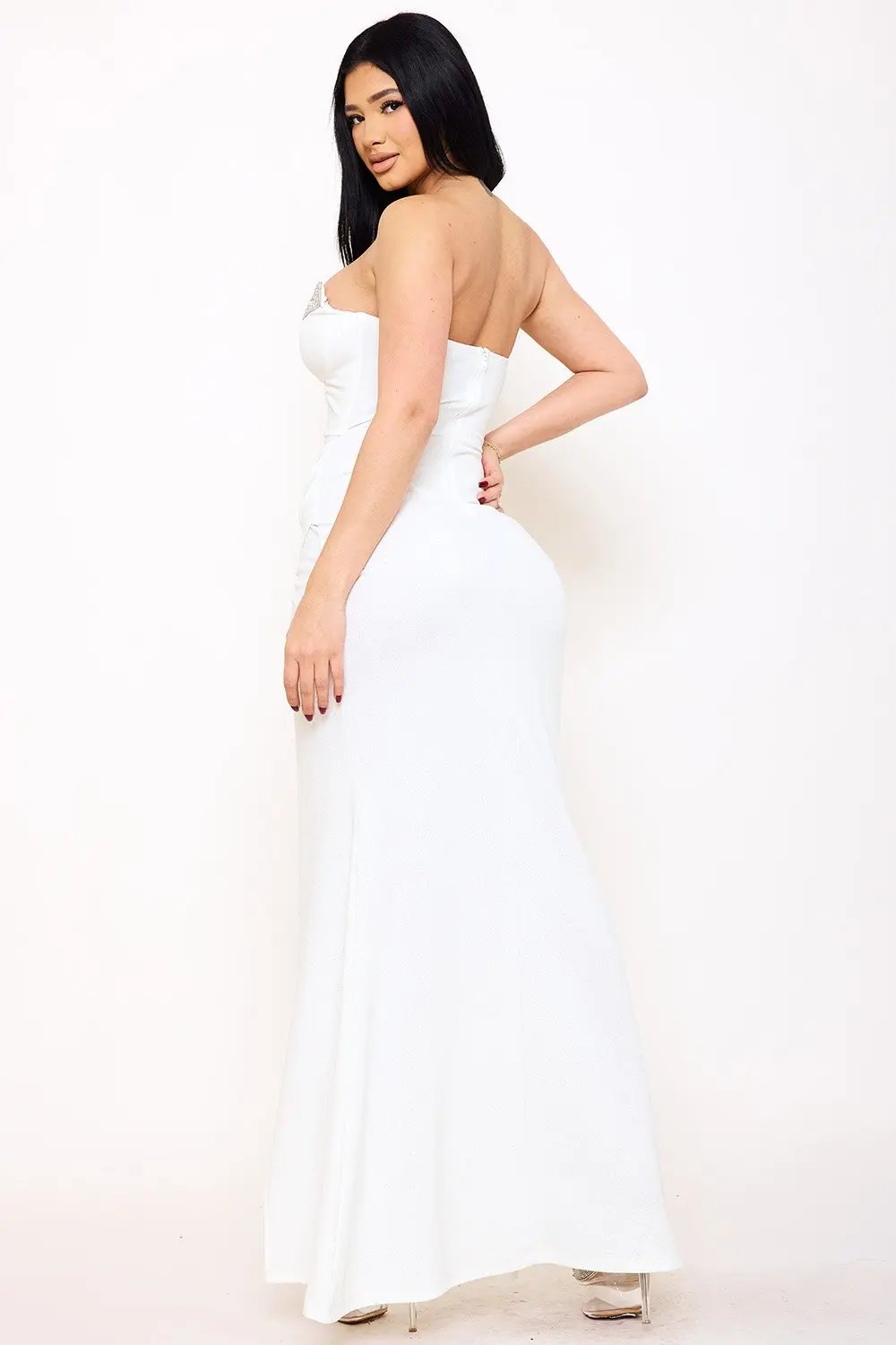 Glittered Maxi Dress With Rhinestone Trim - Structured Boning Evening Gown BOUTINIE