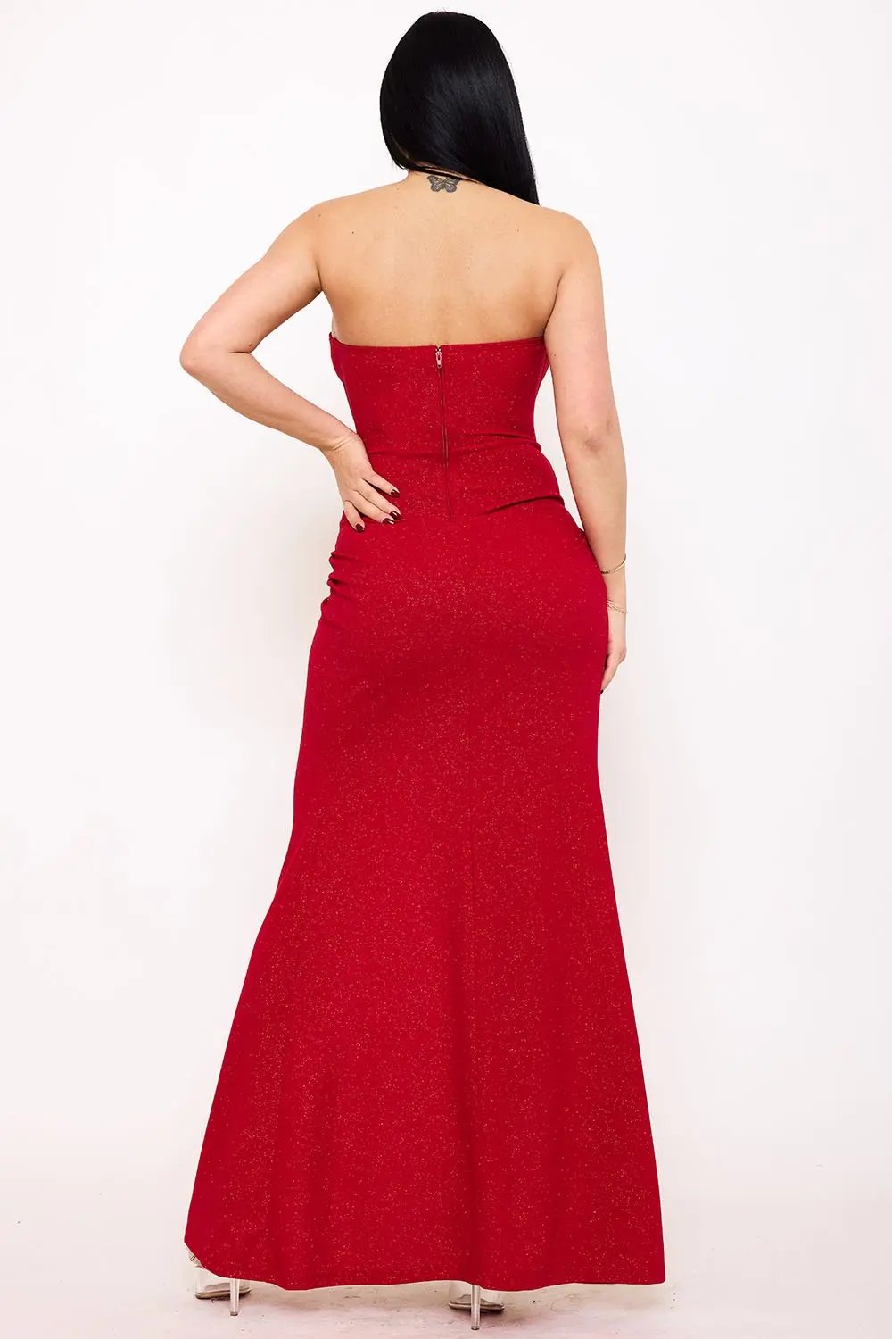 Glittered Maxi Dress With Rhinestone Trim - Structured Boning Evening Gown BOUTINIE