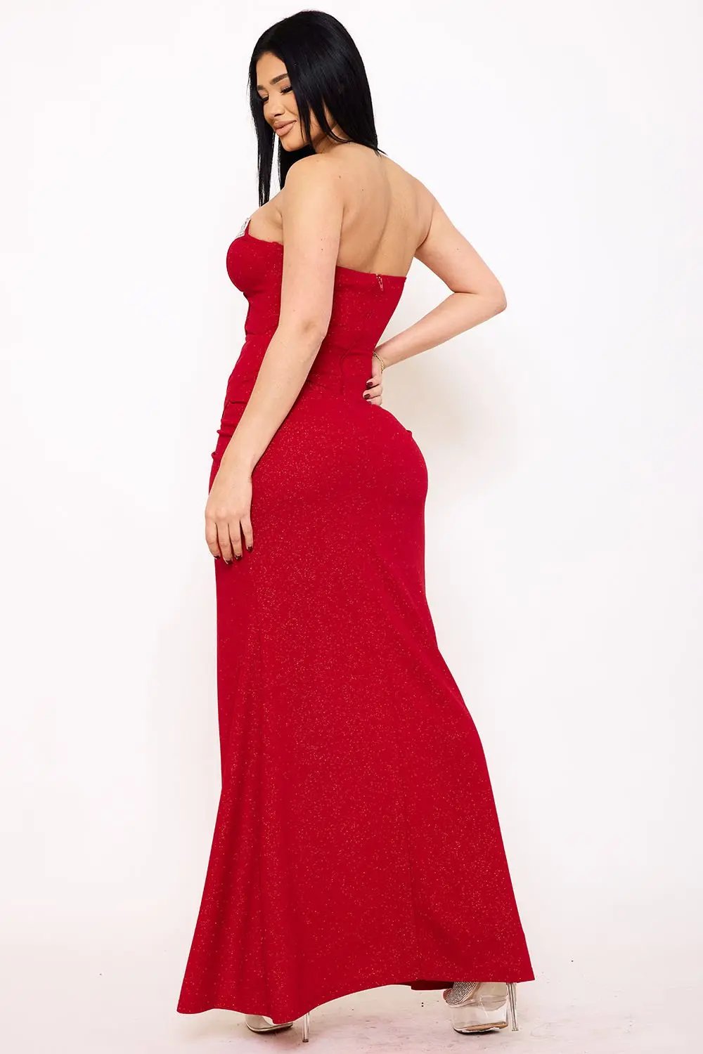 Glittered Maxi Dress With Rhinestone Trim - Structured Boning Evening Gown BOUTINIE