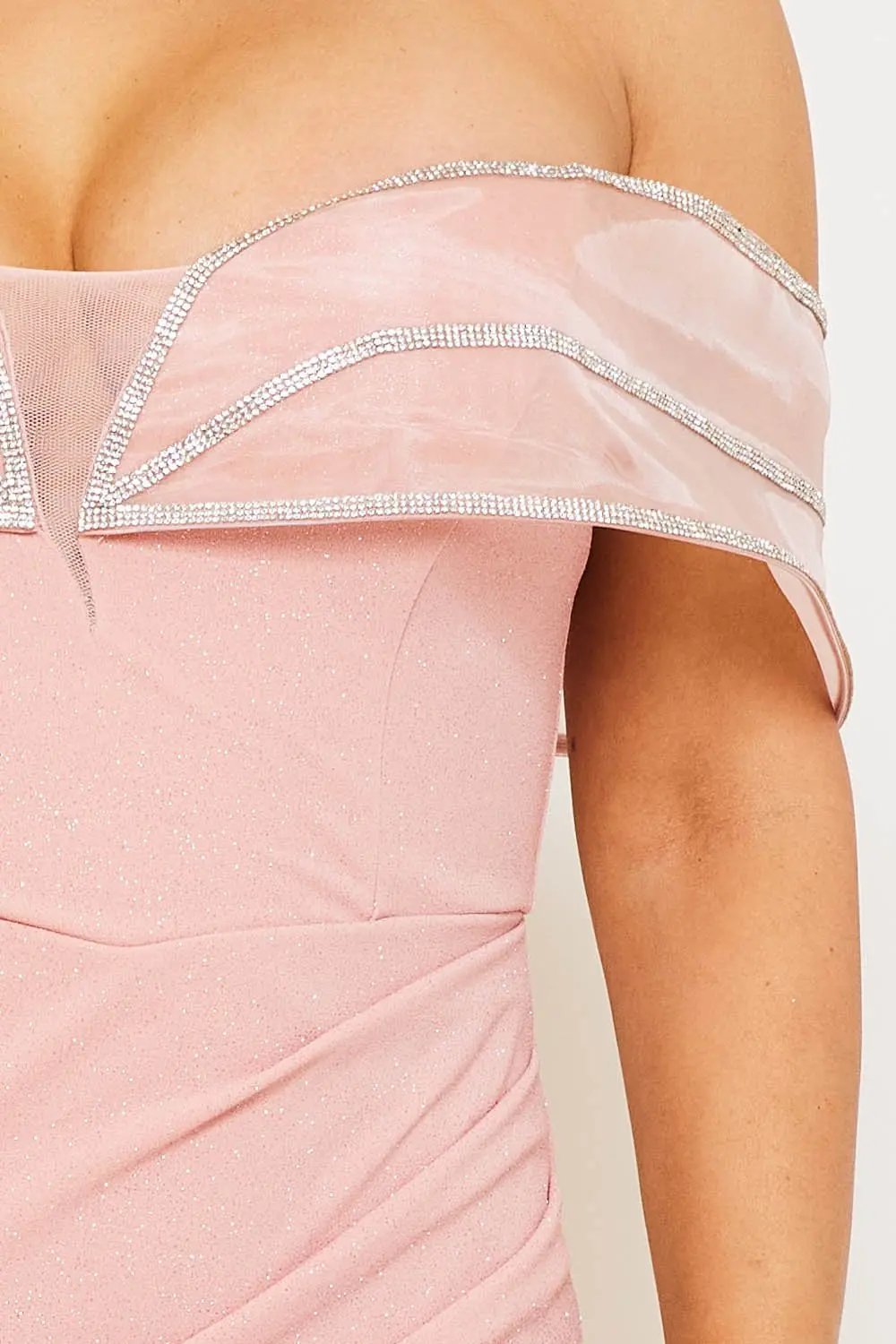 Off Shoulder Maxi Dress With Rhinestone Piped Tulle Wrap Skirt BOUTINIE