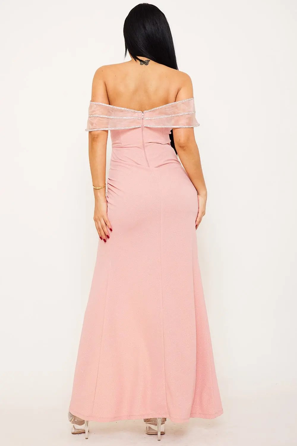 Off Shoulder Maxi Dress With Rhinestone Piped Tulle Wrap Skirt BOUTINIE