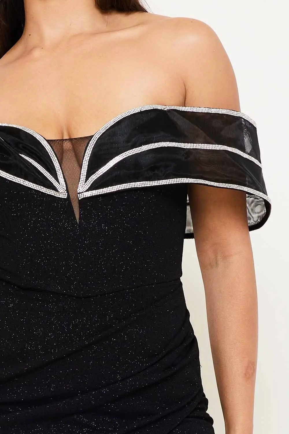 Off Shoulder Maxi Dress With Rhinestone Piped Tulle Wrap Skirt BOUTINIE