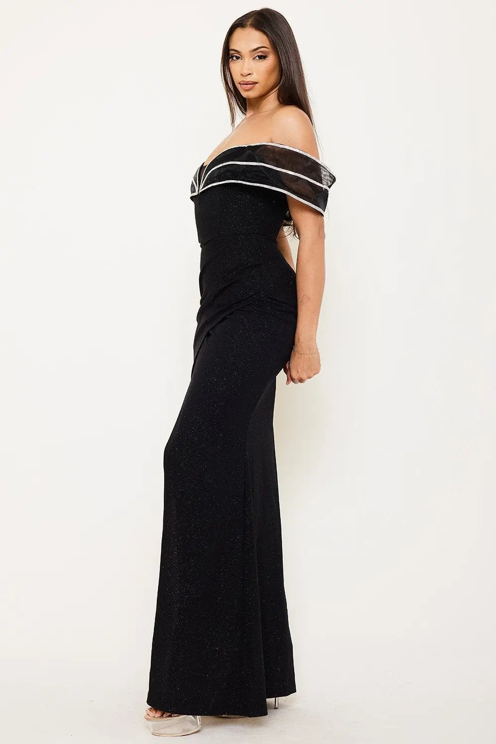 Off Shoulder Maxi Dress With Rhinestone Piped Tulle Wrap Skirt BOUTINIE