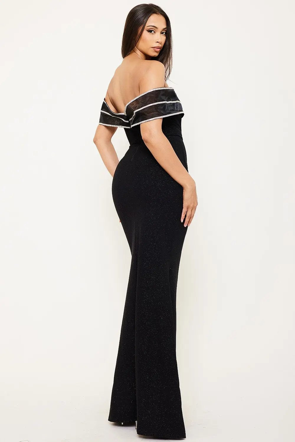 Off Shoulder Maxi Dress With Rhinestone Piped Tulle Wrap Skirt BOUTINIE