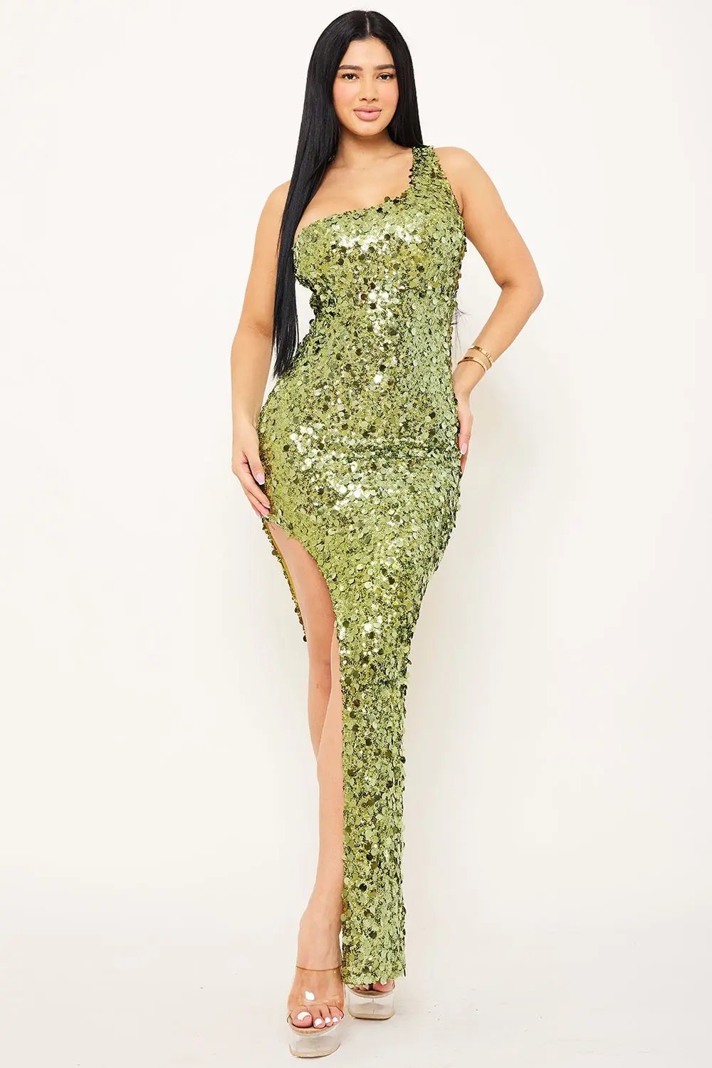 Sequin Maxi Dress – One Shoulder Evening Gown With Zipper BOUTINIE
