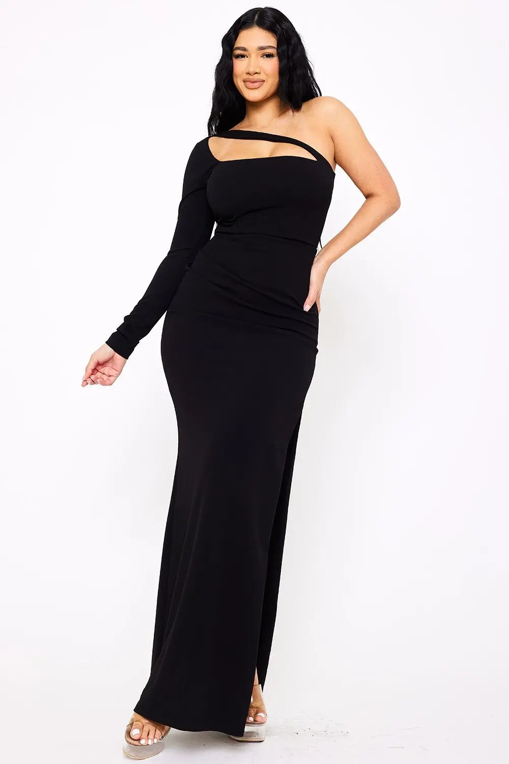 One Shoulder Maxi Dress With Strap Detail - Side Slit Evening Gown BOUTINIE