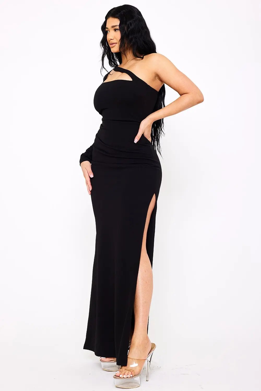 One Shoulder Maxi Dress With Strap Detail - Side Slit Evening Gown BOUTINIE