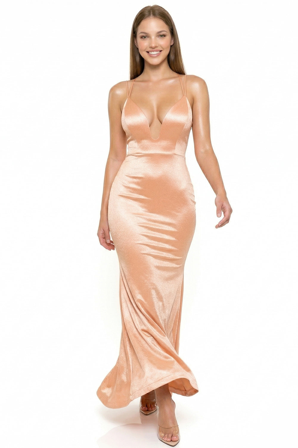 Champagne satin maxi evening gown with deep V-neck and spaghetti straps for a sleek, fitted silhouette.