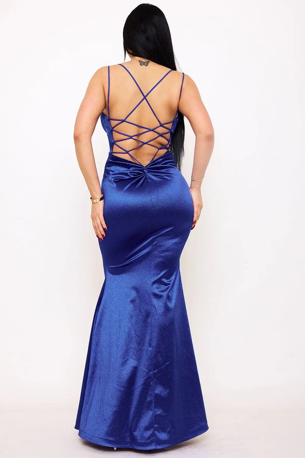Glitter Knit Satin Dress - Open Back Maxi Gown With Criss Cross Straps BOUTINIE