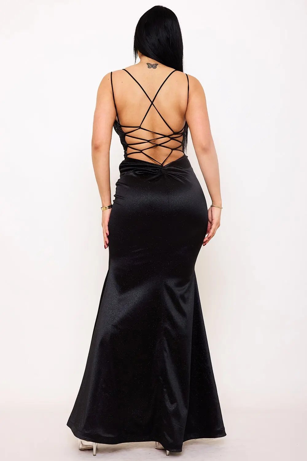 Glitter Knit Satin Dress - Open Back Maxi Gown With Criss Cross Straps BOUTINIE