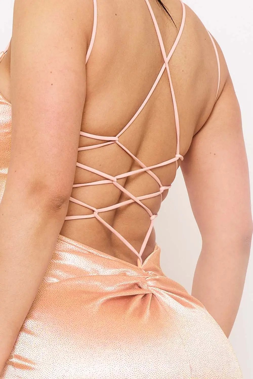 Glitter Knit Satin Dress - Open Back Maxi Gown With Criss Cross Straps BOUTINIE