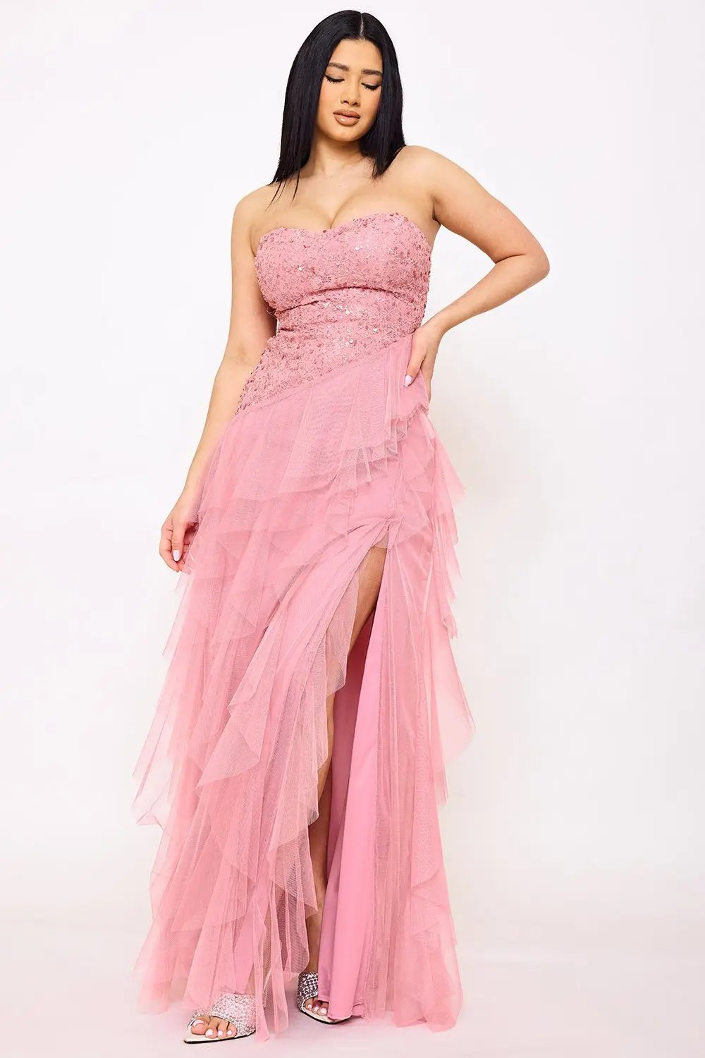 Sequin Mesh Maxi Dress - Strapless Sweetheart Neckline Evening Gown BOUTINIE