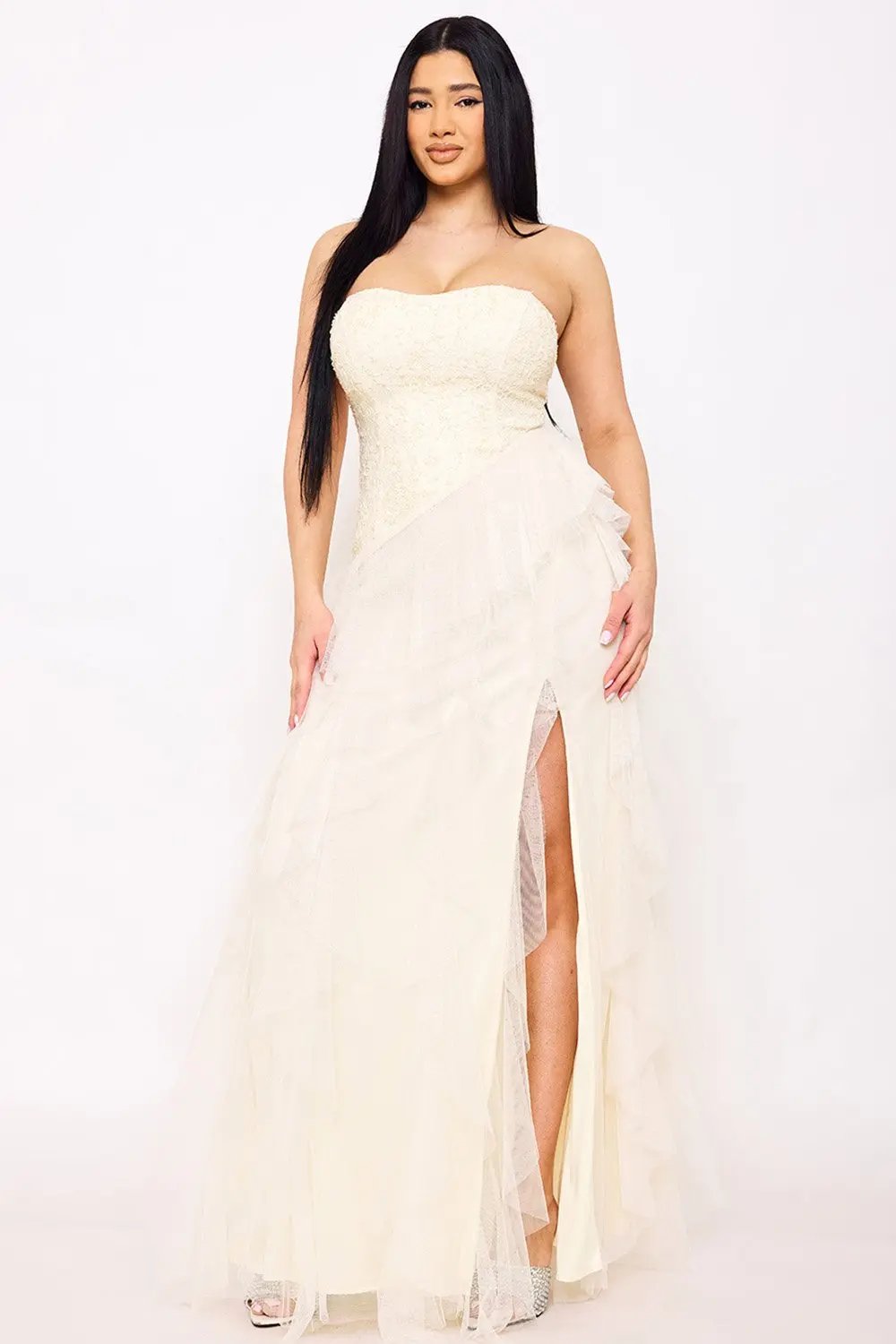 Sequin Mesh Maxi Dress - Strapless Sweetheart Neckline Evening Gown BOUTINIE