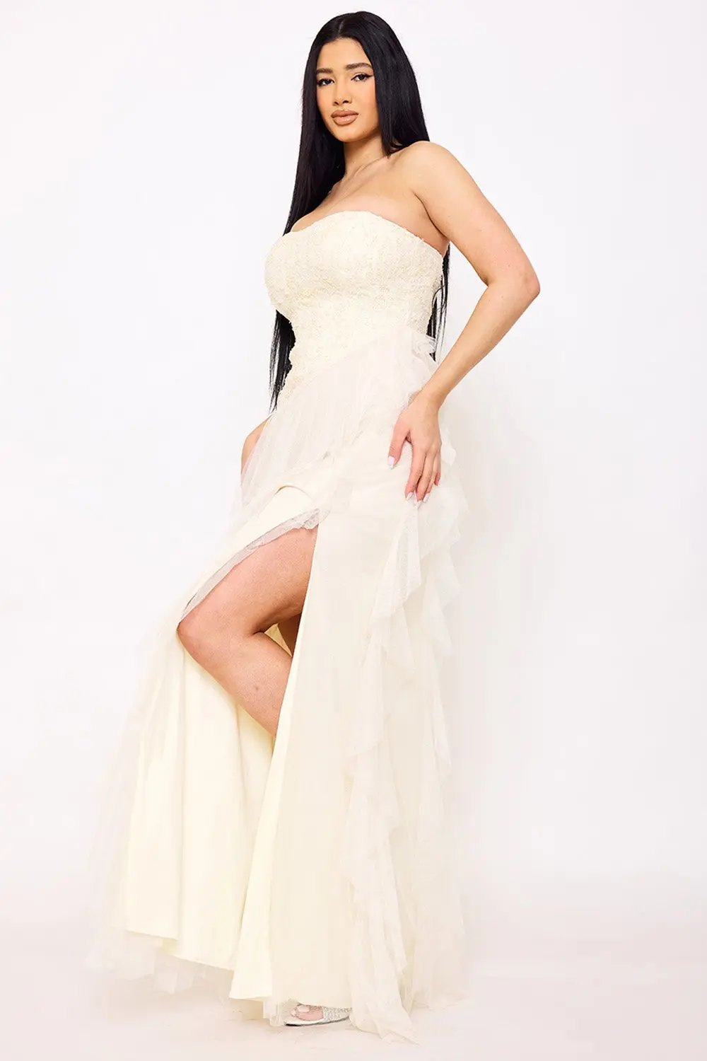 Sequin Mesh Maxi Dress - Strapless Sweetheart Neckline Evening Gown BOUTINIE