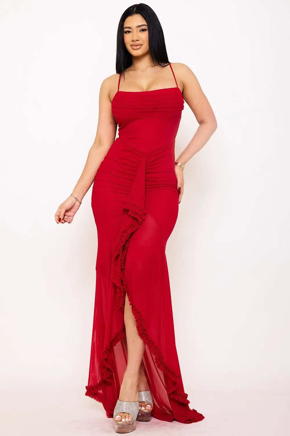 Mermaid Maxi Dress With Ruffle Detail & Adjustable Straps - Power Mesh Evening Gown BOUTINIE