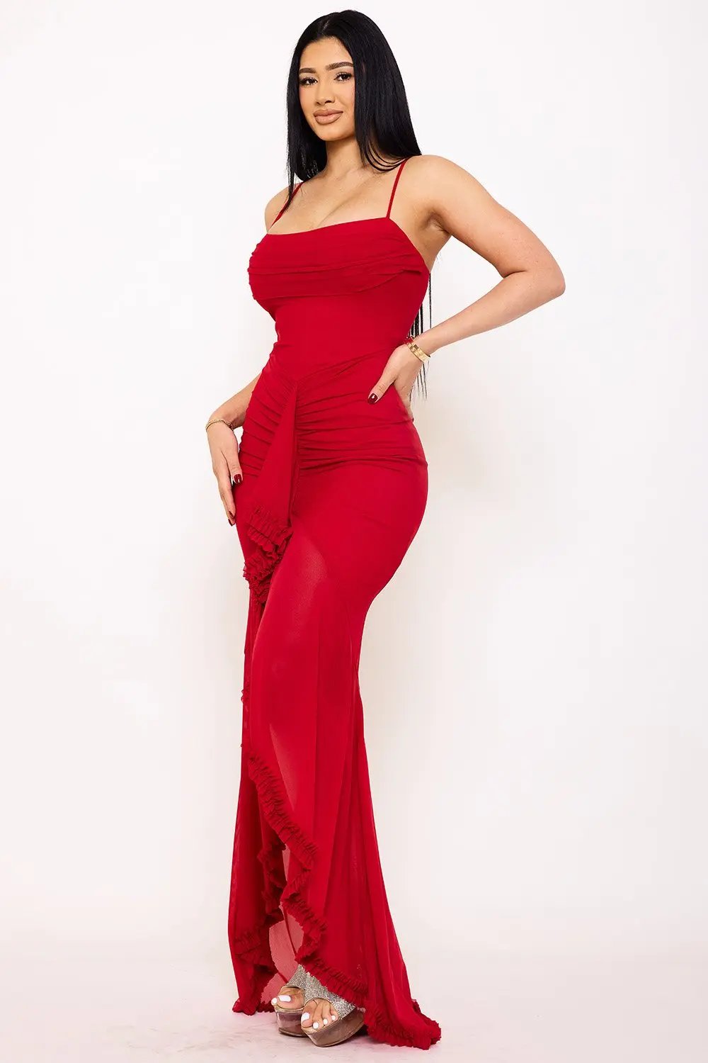 Mermaid Maxi Dress With Ruffle Detail & Adjustable Straps - Power Mesh Evening Gown BOUTINIE