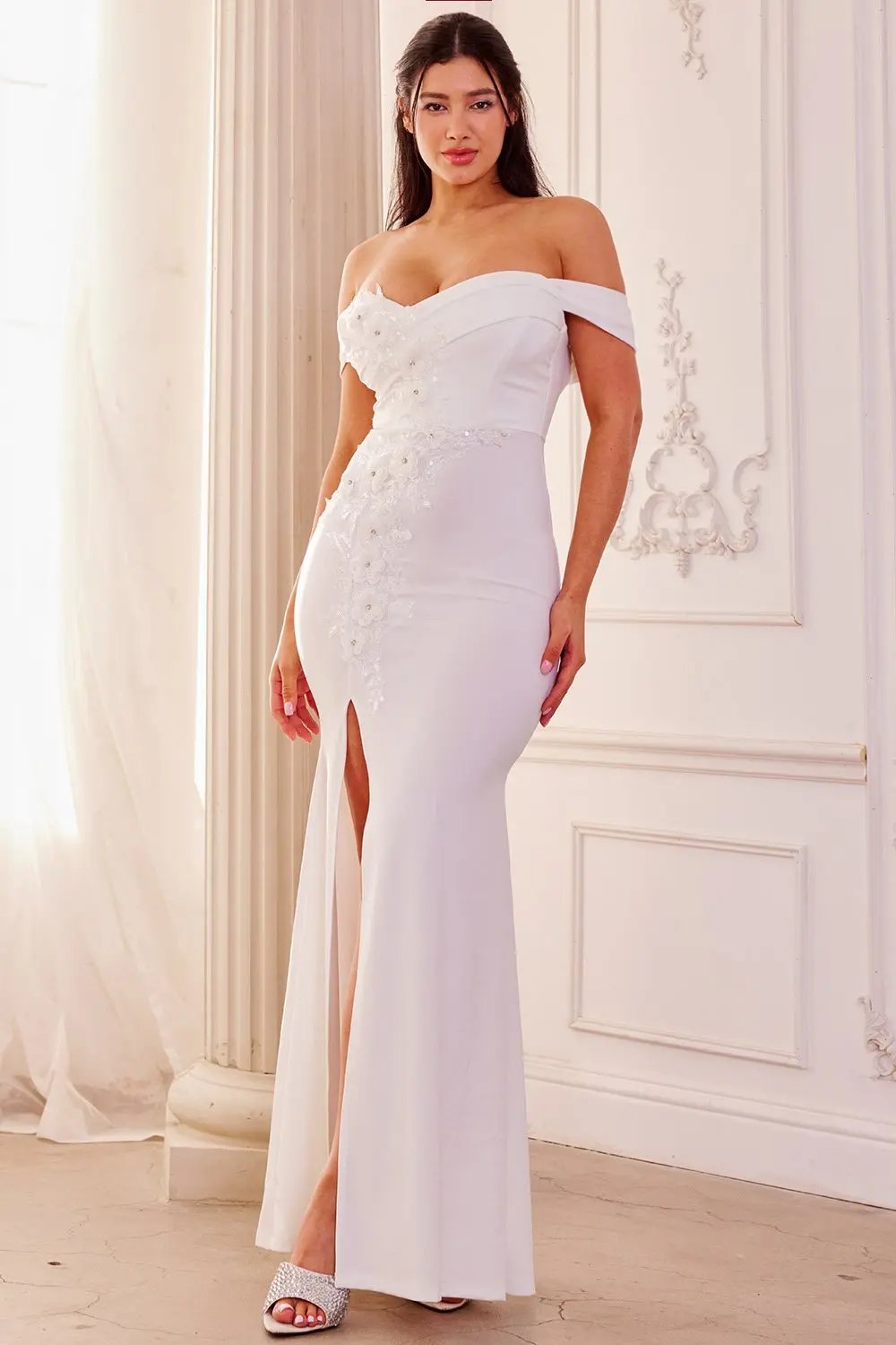 Sequin Maxi Dress Off Shoulder Flower Shaped Gown With Slit Hem BOUTINIE