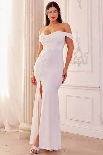 Sequin Maxi Dress Off Shoulder Flower Shaped Gown With Slit Hem BOUTINIE