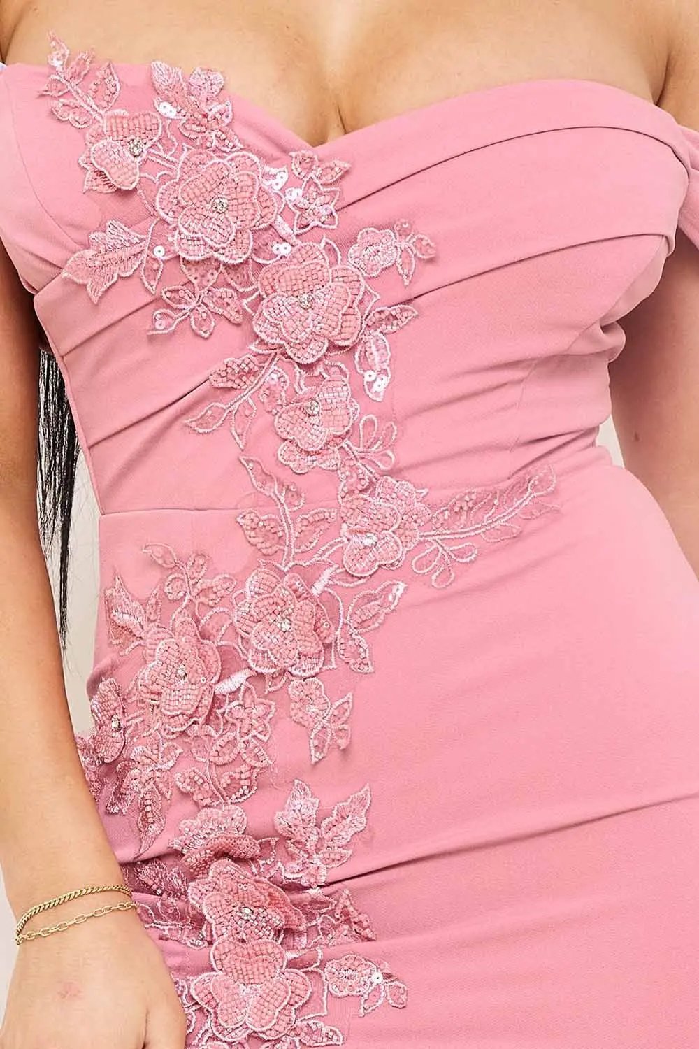 Sequin Maxi Dress Off Shoulder Flower Shaped Gown With Slit Hem BOUTINIE