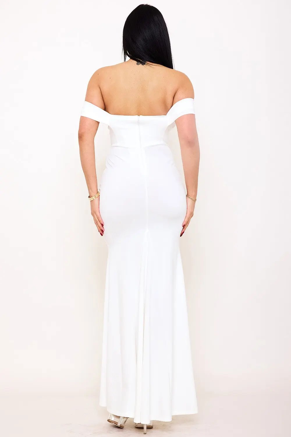 Sequin Maxi Dress Off Shoulder Flower Shaped Gown With Slit Hem BOUTINIE