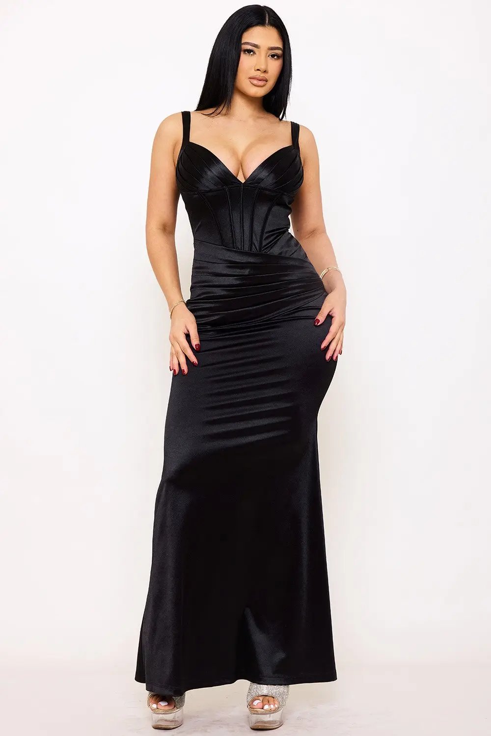 Satin Corset Maxi Dress – Pleated V-Neck Bustier Zipper Back BOUTINIE
