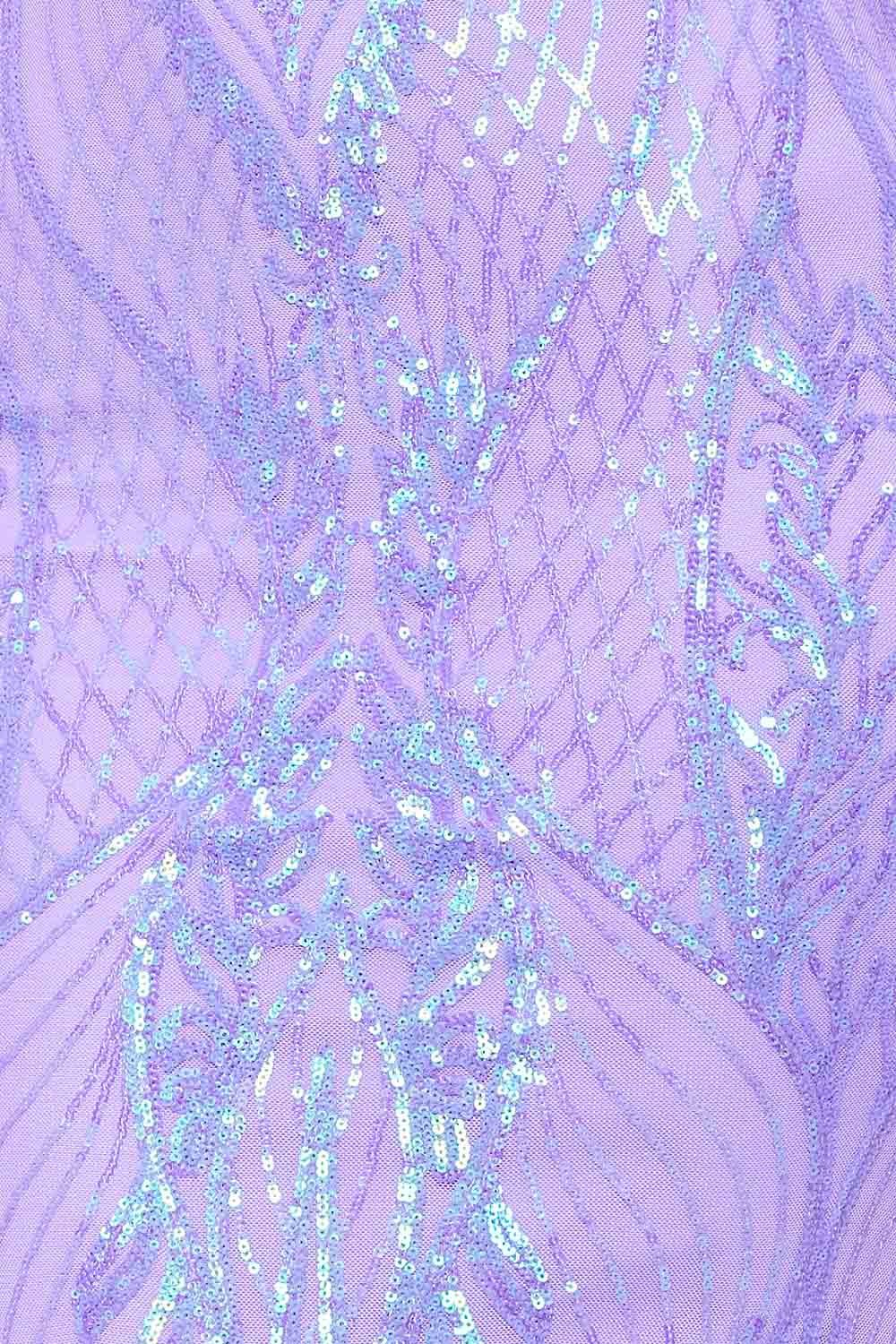 Close-up of lavender sheer fabric with intricate iridescent sequin embroidery, perfect for a glamorous evening dress.