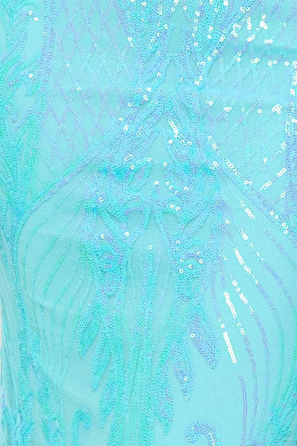 Close-up of a sparkling aqua sequin dress featuring intricate leaf-pattern embroidery on sheer mesh for party wear.