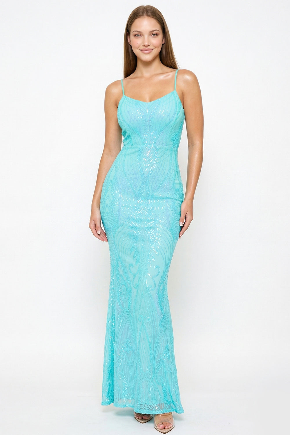 Turquoise sequin floor-length evening gown with a fitted silhouette, spaghetti straps, and a sweetheart neckline.