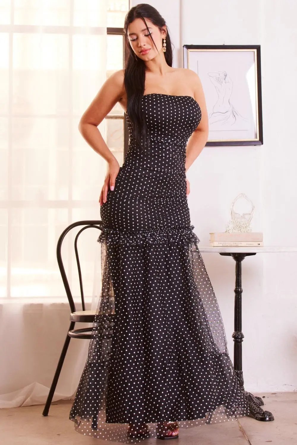 Polka Dot Maxi Dress – Mermaid Mesh Gown With Ruffle Hem BOUTINIE