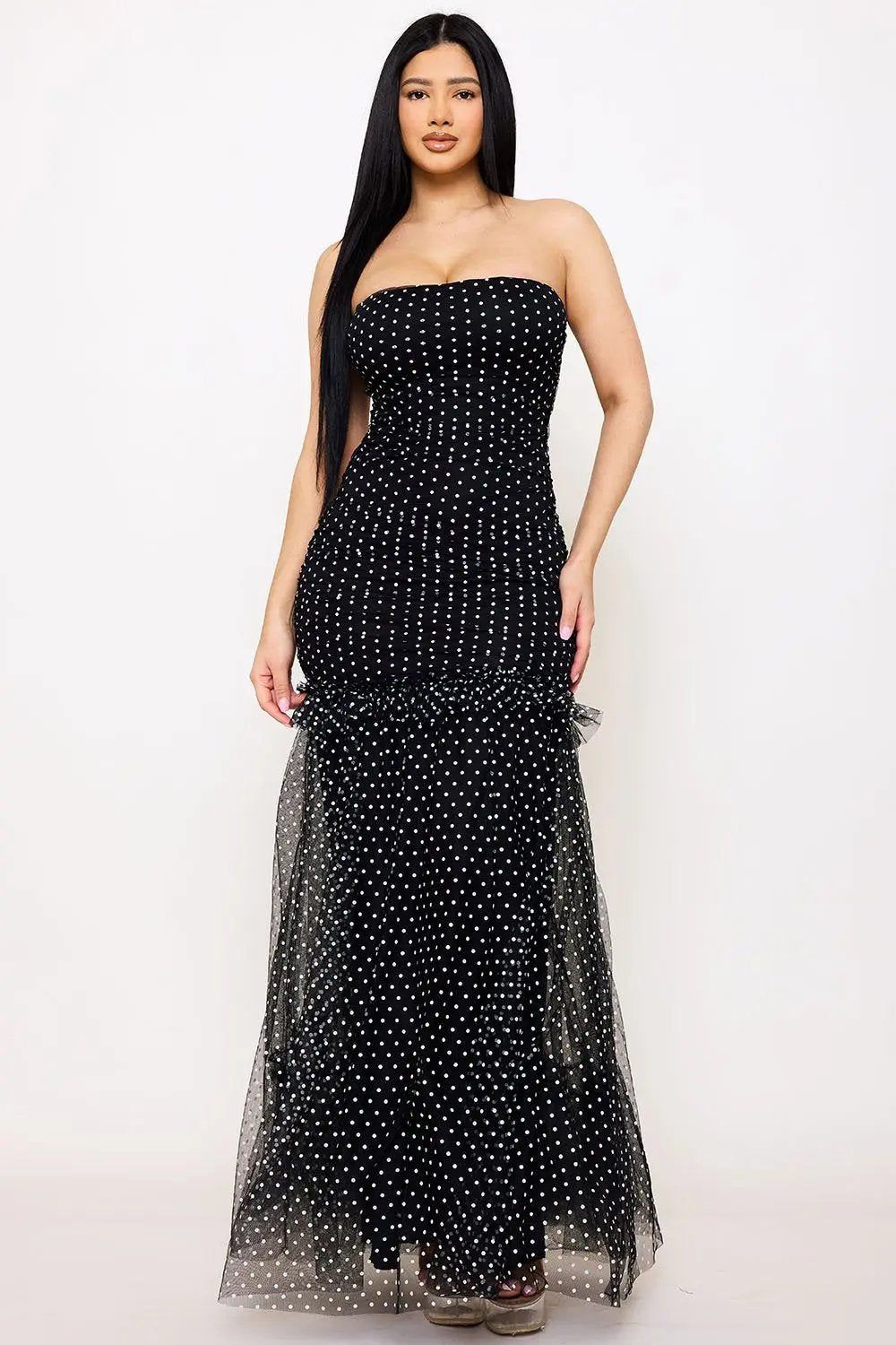 Polka Dot Maxi Dress – Mermaid Mesh Gown With Ruffle Hem BOUTINIE