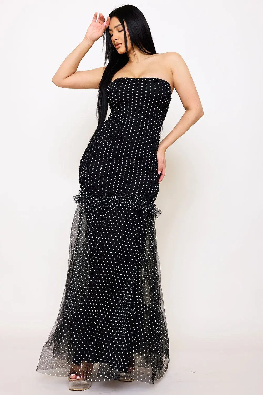 Polka Dot Maxi Dress – Mermaid Mesh Gown With Ruffle Hem BOUTINIE