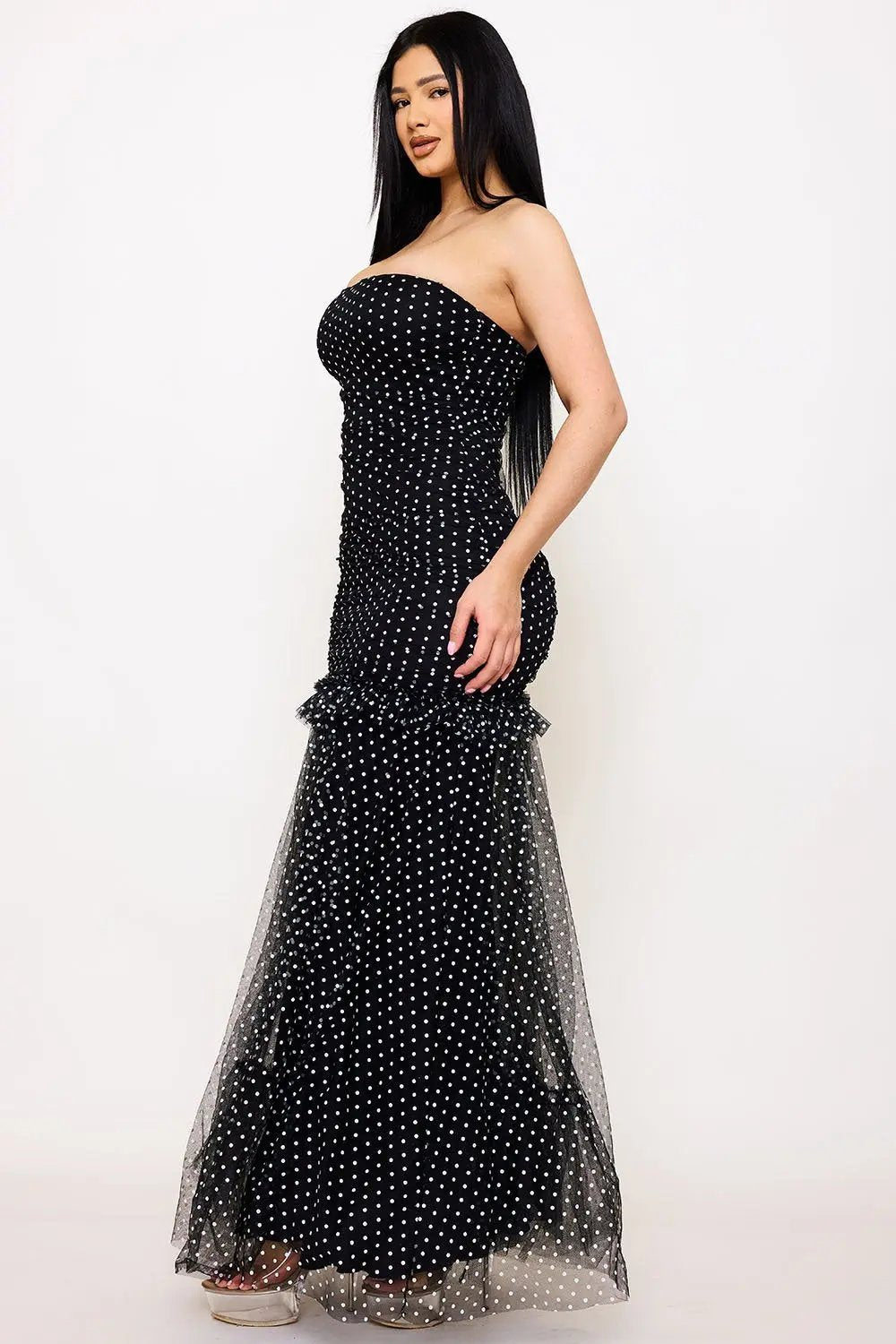 Polka Dot Maxi Dress – Mermaid Mesh Gown With Ruffle Hem BOUTINIE