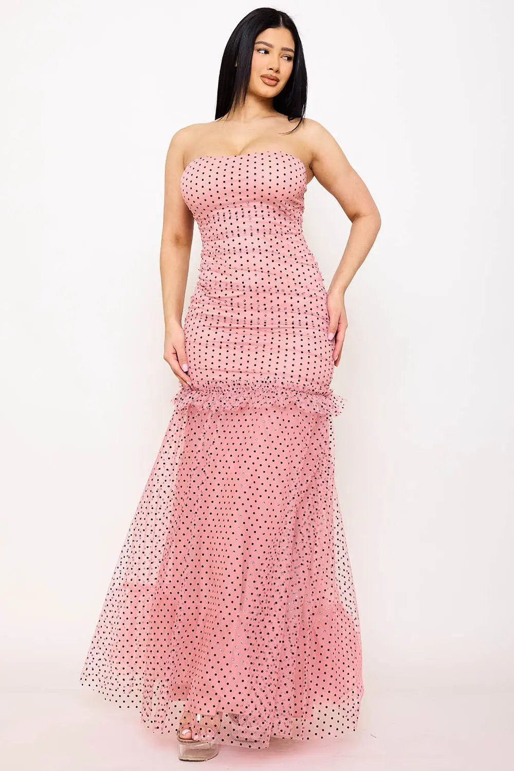 Polka Dot Maxi Dress – Mermaid Mesh Gown With Ruffle Hem BOUTINIE
