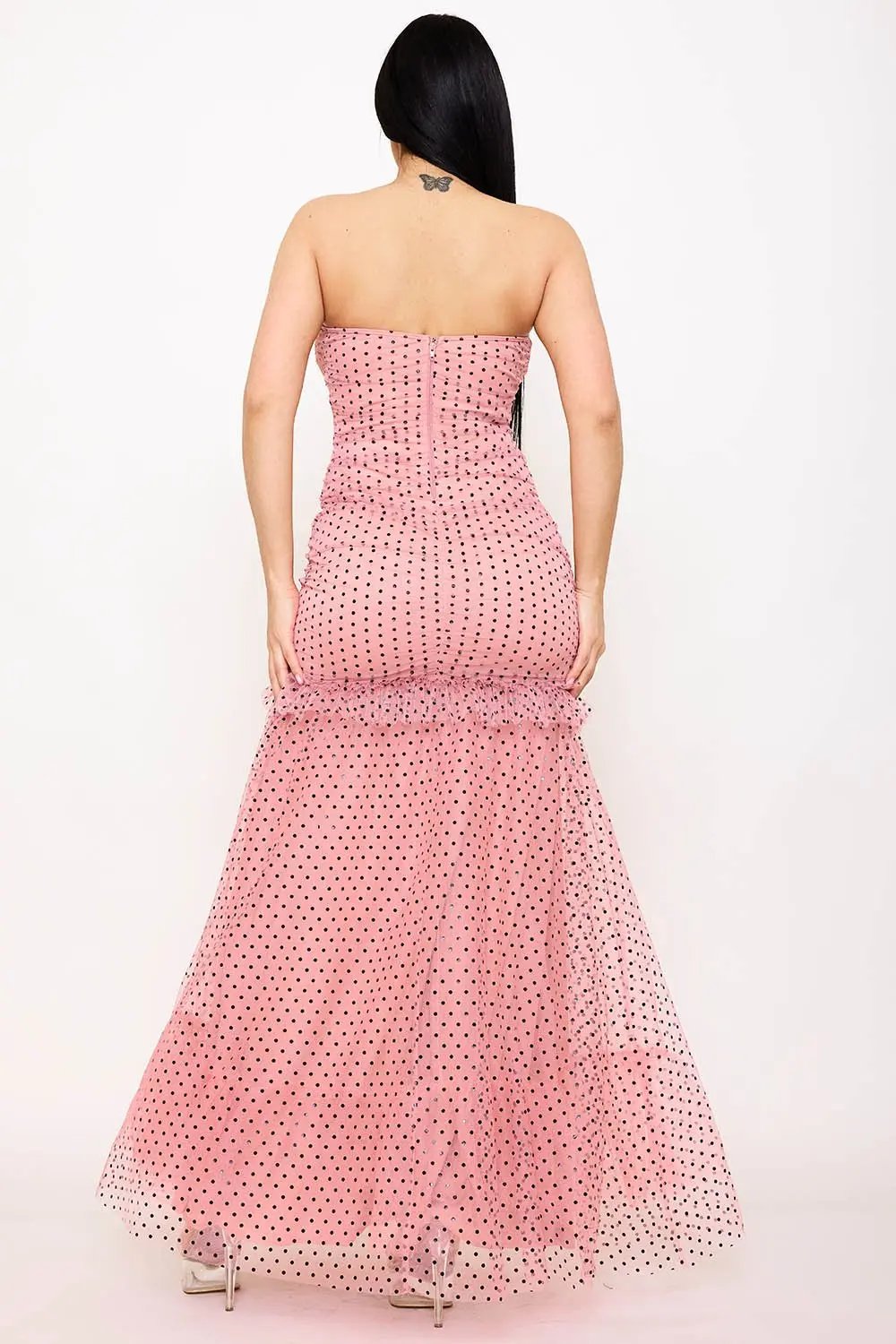 Polka Dot Maxi Dress – Mermaid Mesh Gown With Ruffle Hem BOUTINIE