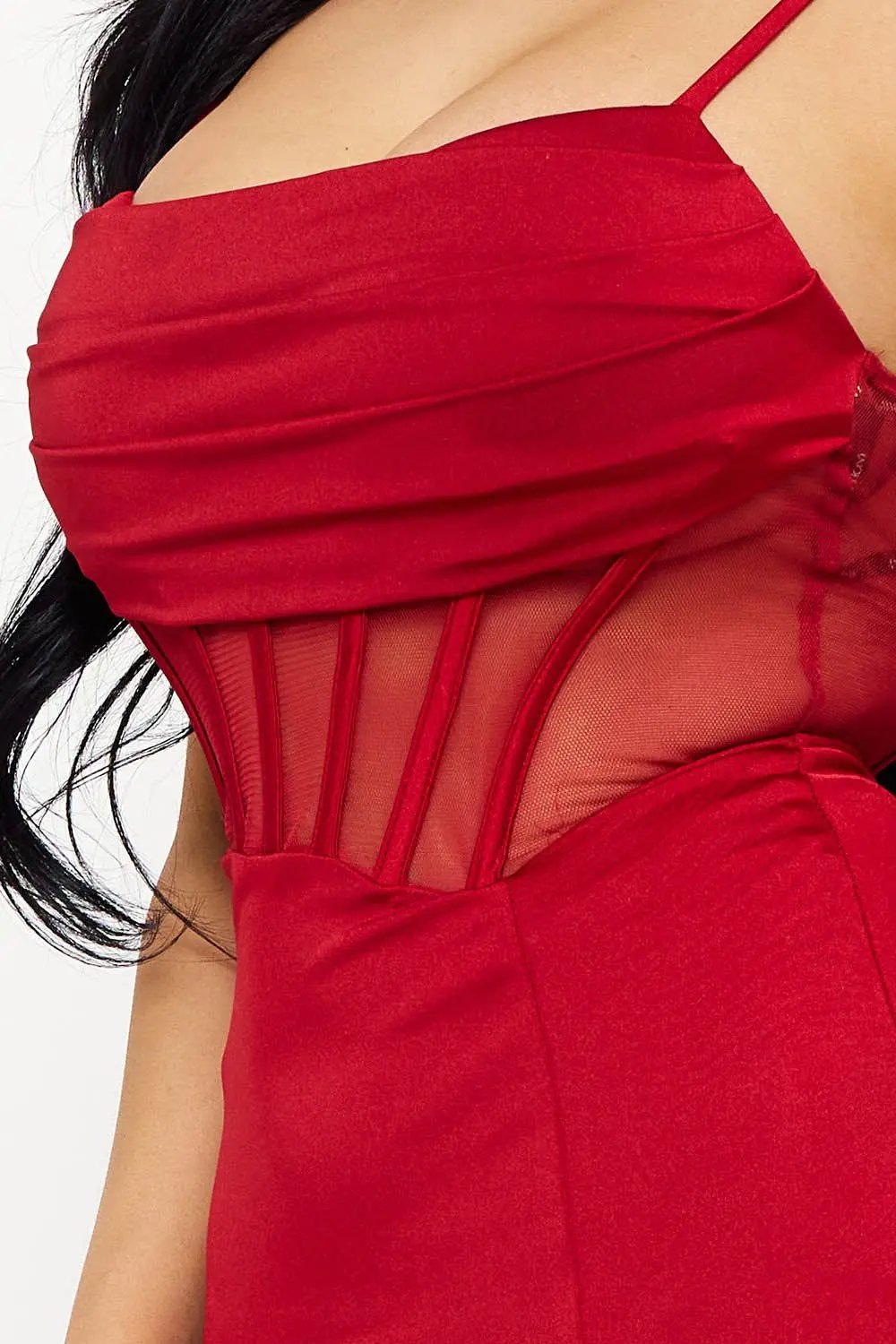 Satin Mesh Maxi Dress - Double Layer Ruffle Tulip Hem Gown BOUTINIE