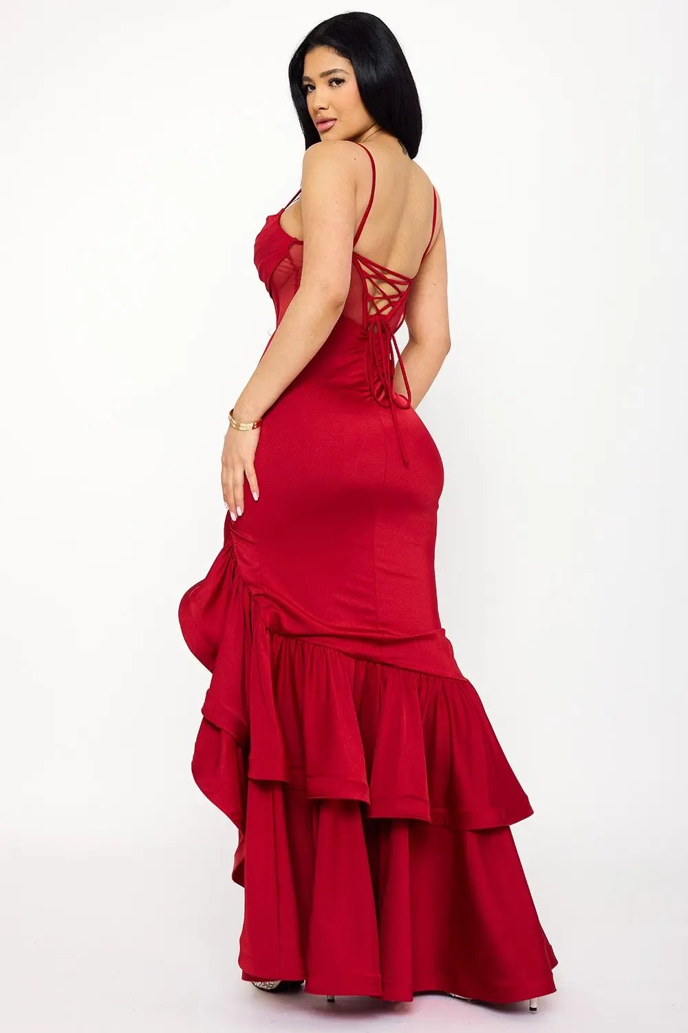 Satin Mesh Maxi Dress - Double Layer Ruffle Tulip Hem Gown BOUTINIE