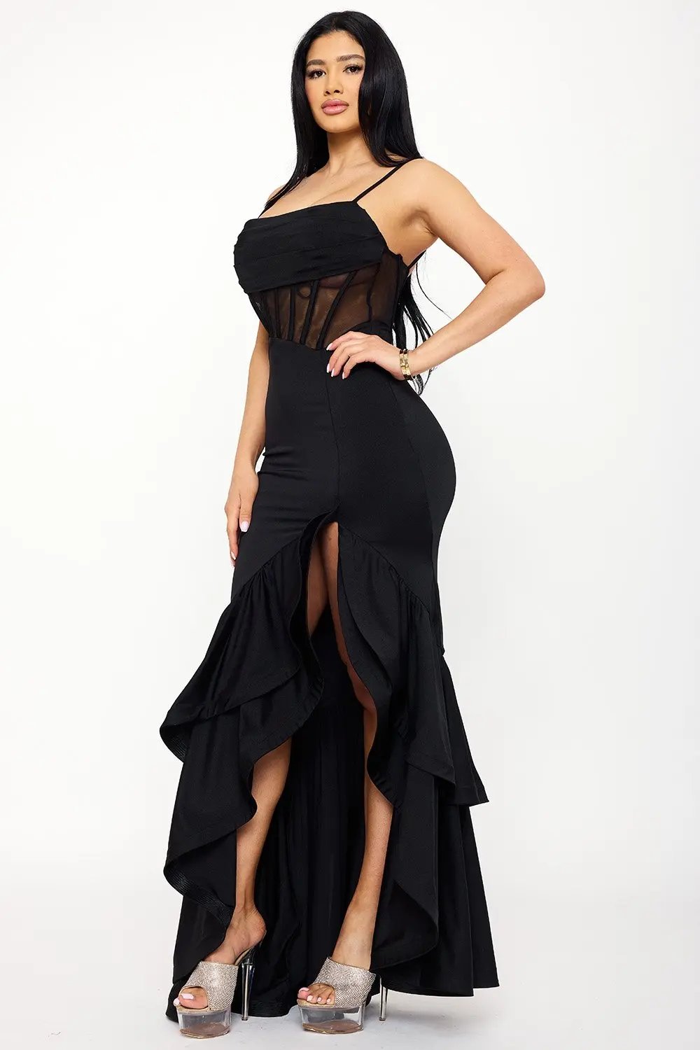 Satin Mesh Maxi Dress - Double Layer Ruffle Tulip Hem Gown BOUTINIE