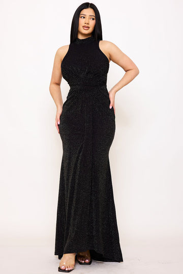 Black glitter sleeveless high-neck maxi dress with a fitted silhouette for formal occasions by Boutinie.