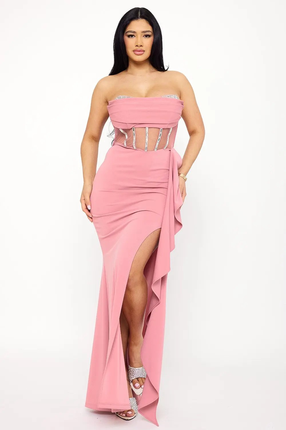 Rhinestone Maxi Dress – Sweetheart Neckline With Ruffle Slit BOUTINIE