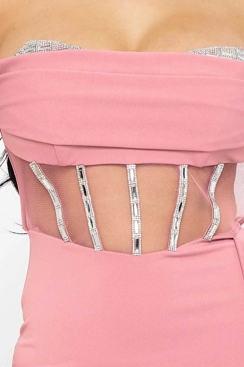 Rhinestone Maxi Dress – Sweetheart Neckline With Ruffle Slit BOUTINIE