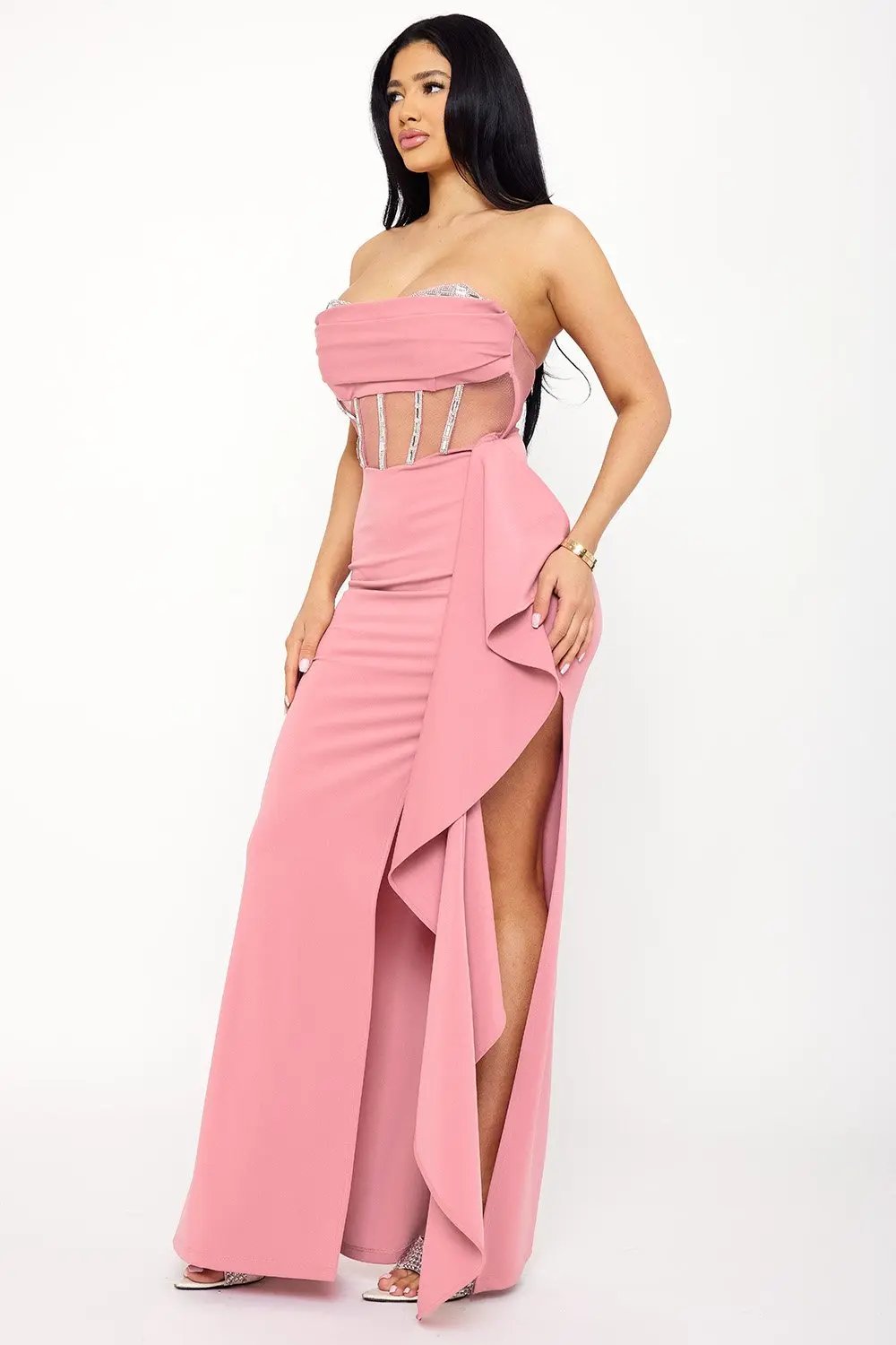 Rhinestone Maxi Dress – Sweetheart Neckline With Ruffle Slit BOUTINIE