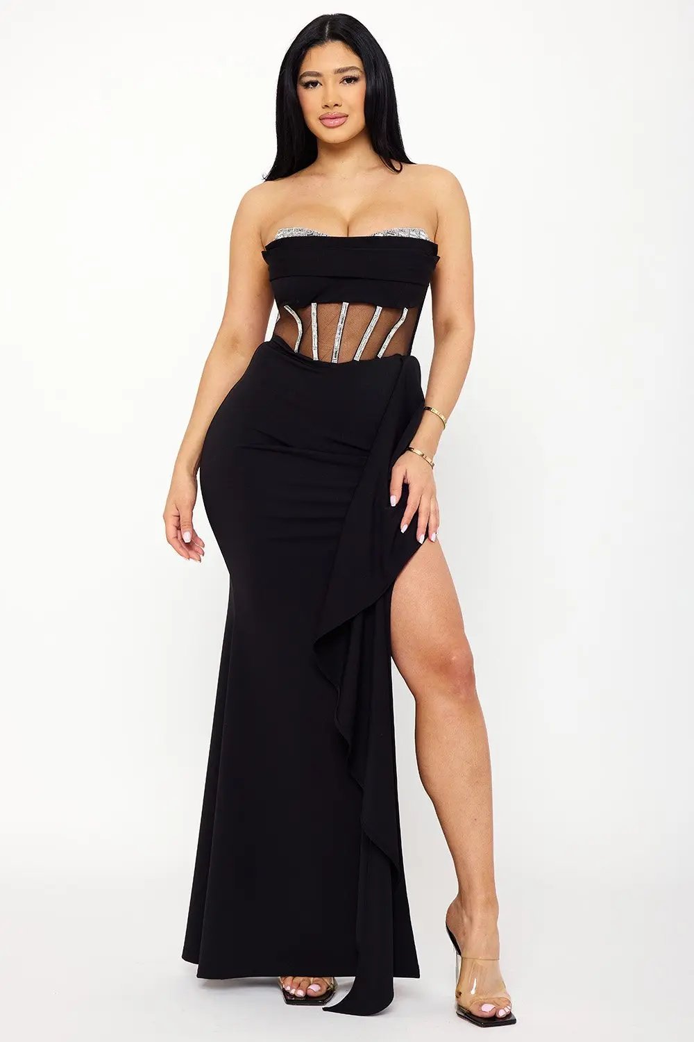 Rhinestone Maxi Dress – Sweetheart Neckline With Ruffle Slit BOUTINIE