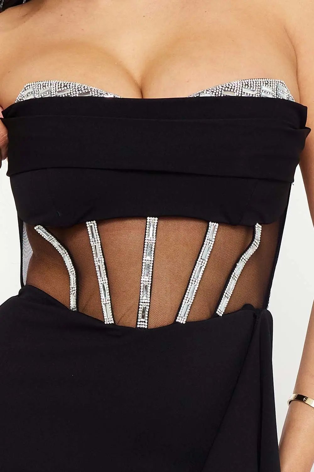 Rhinestone Maxi Dress – Sweetheart Neckline With Ruffle Slit BOUTINIE