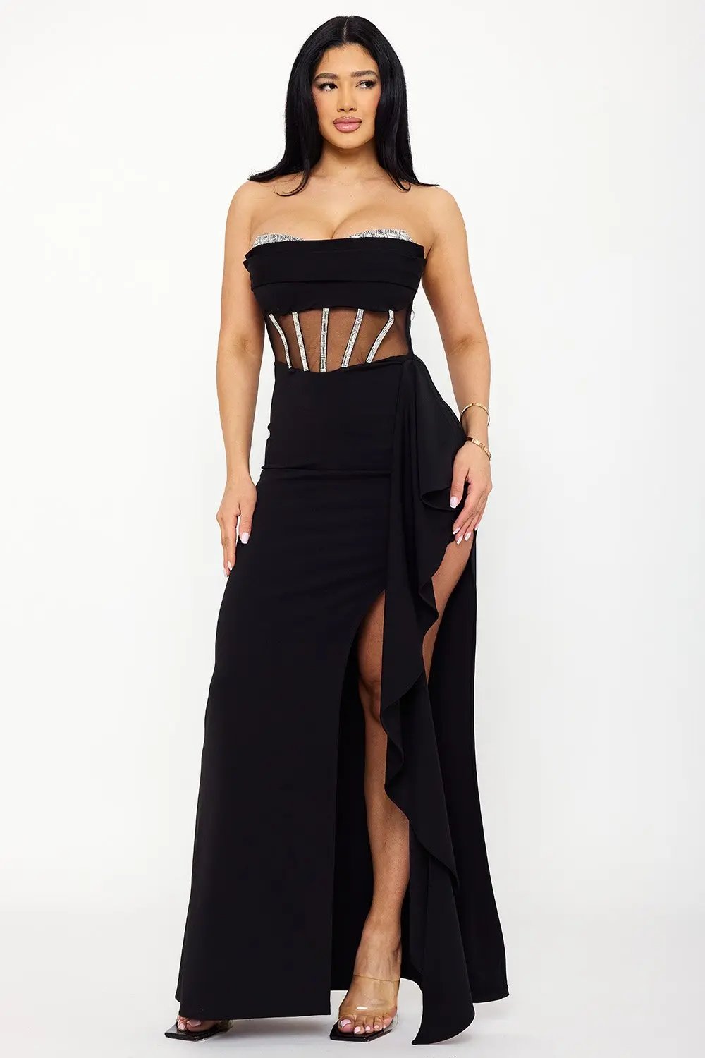 Rhinestone Maxi Dress – Sweetheart Neckline With Ruffle Slit BOUTINIE